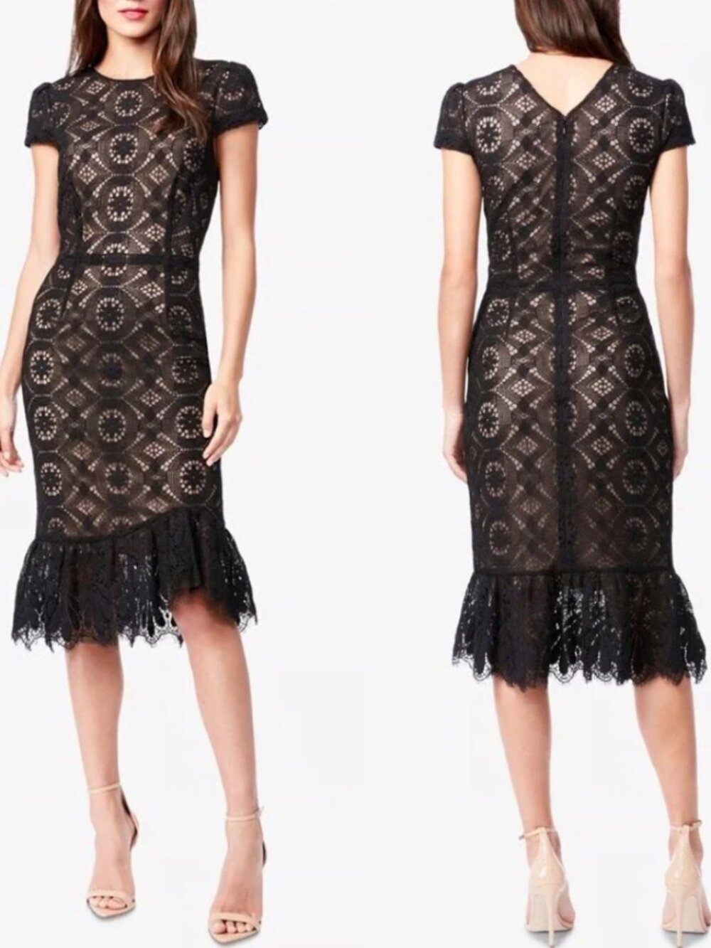 Betsey Johnson Lace Midi Cap Sleeve Dress Ruffled Hem Cocktail Classic